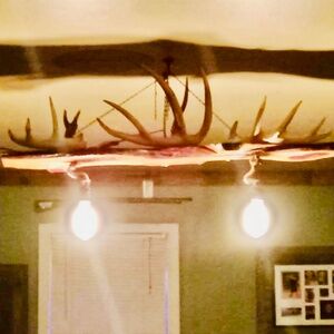 Rustic Real Deer Antler Chandelier – Live Edge Wood Slab Cabin Lodge Lighting